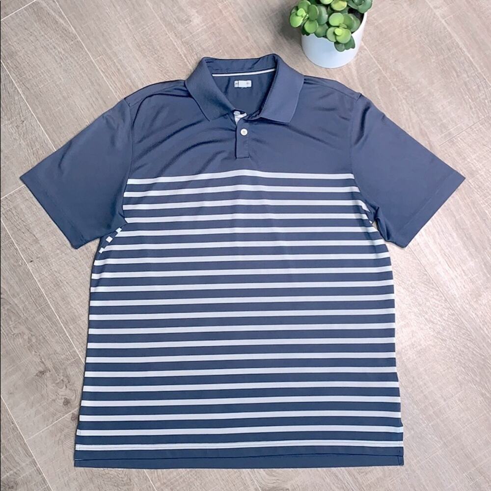 Ashworth Men's Blue Ivory Striped Short Sleeve Golf Polo Shirt Size Large